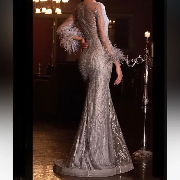 CINDERELLA DIVINE Fitted Long Glitter Evening Dress With Feathers Sleeves - Picture 3 of 16